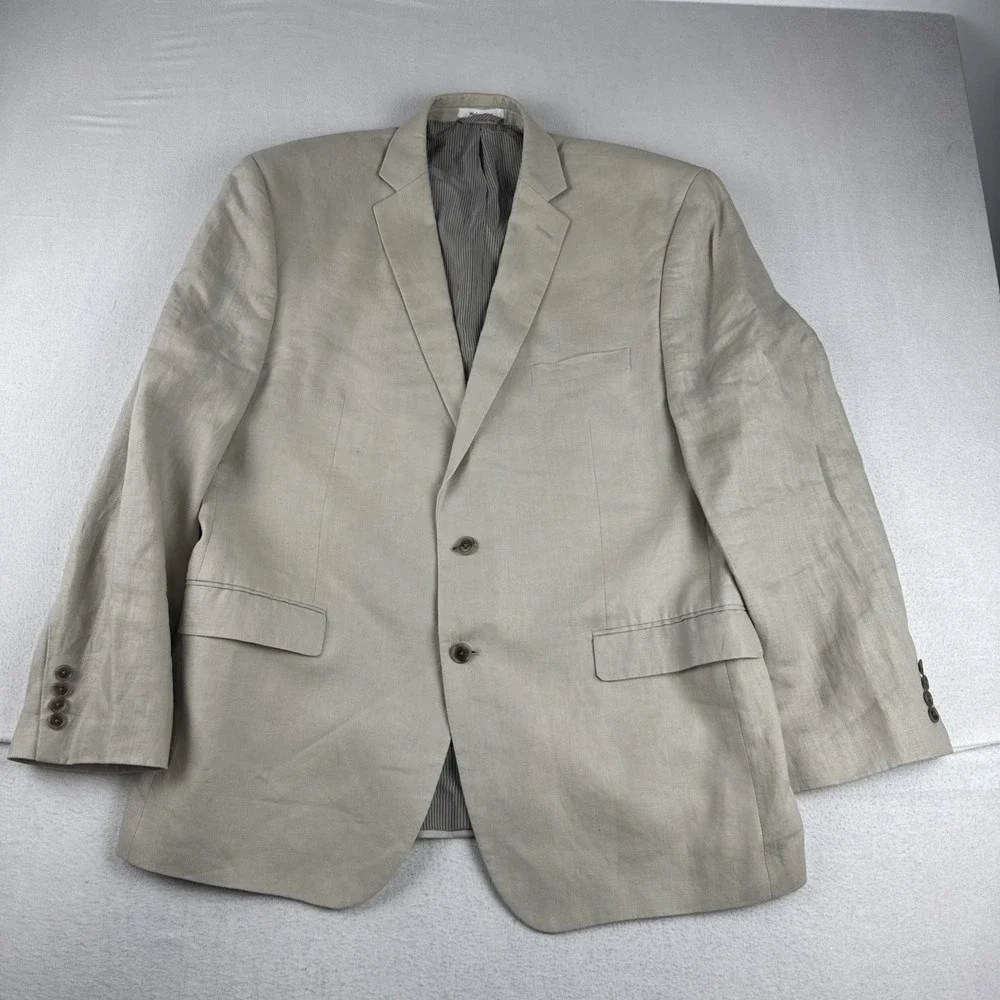 Calvin Klein Mens 100% Linen Beige Blazer 46R Comfort breathable wedding preppy